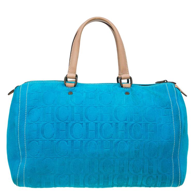 Pre Owned Carolina Herrera Turquoise Leather Large Andy Boston Bag