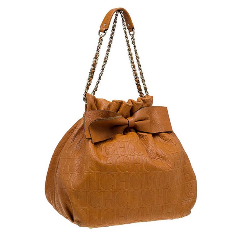 مملوكة مسبقًا Carolina Herrera Brown Embossed Leather Bow Bucket Shoulder Bag