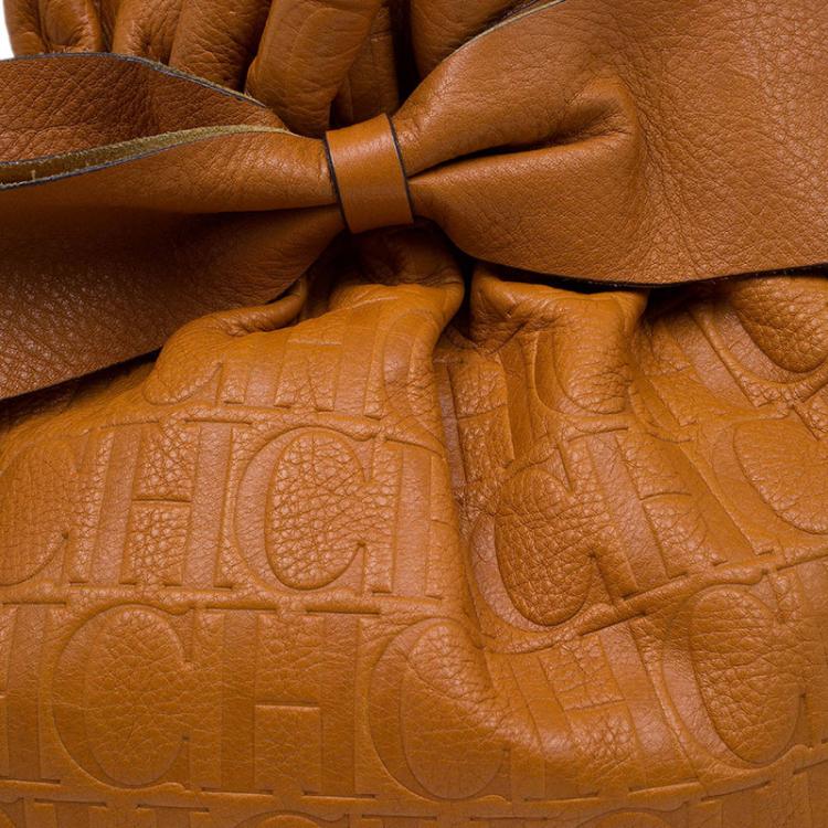 مملوكة مسبقًا Carolina Herrera Brown Embossed Leather Bow Bucket Shoulder Bag