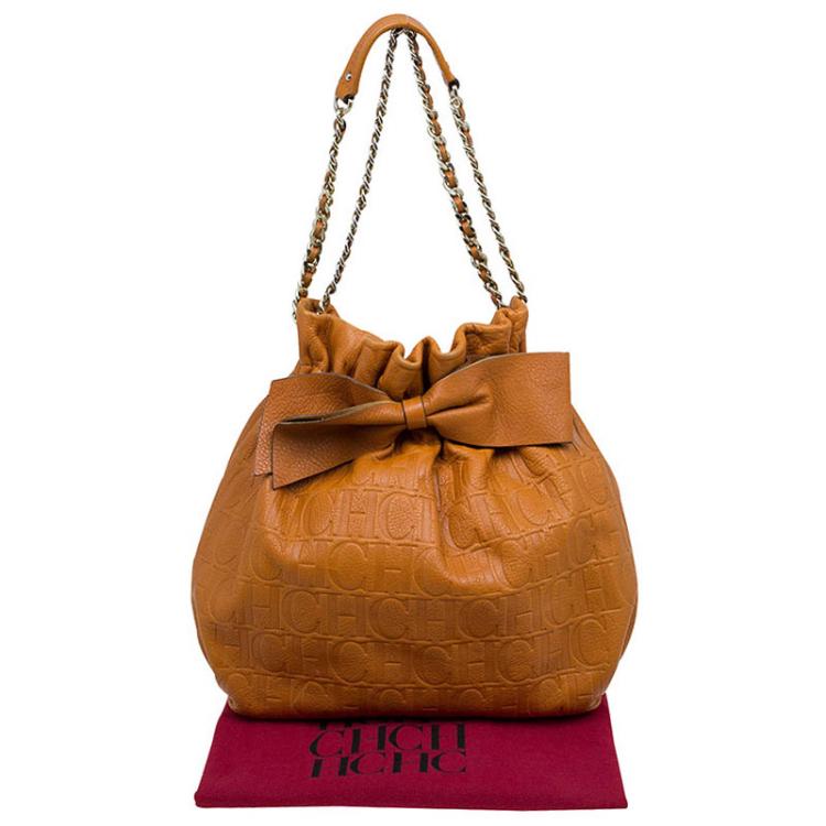 مملوكة مسبقًا Carolina Herrera Brown Embossed Leather Bow Bucket Shoulder Bag