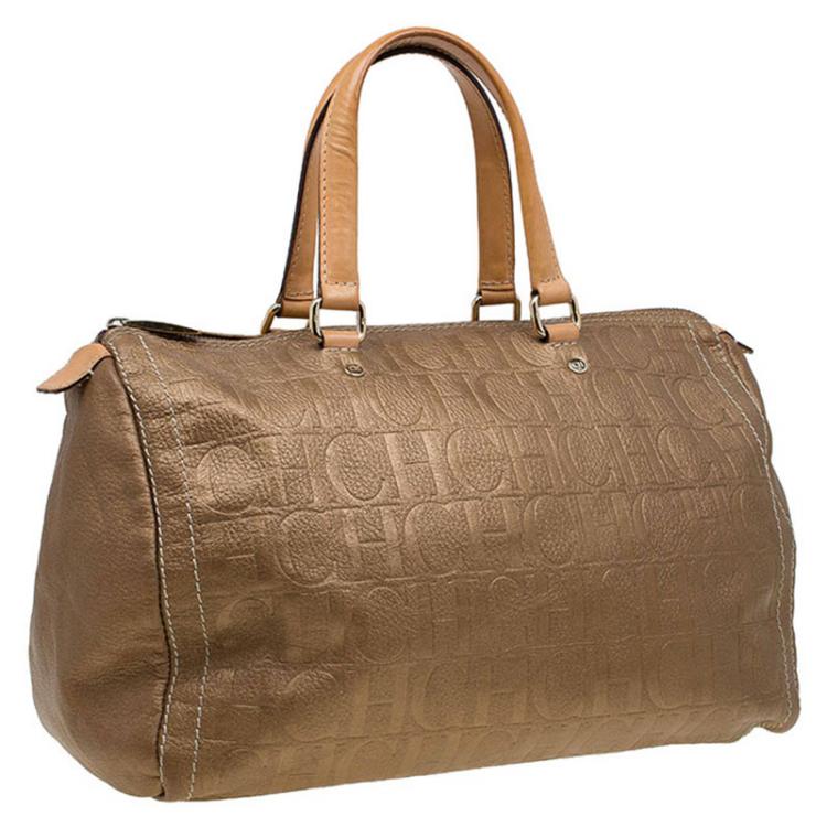 Pre Owned Carolina Herrera Gold Monogram Leather Andy Boston Bag