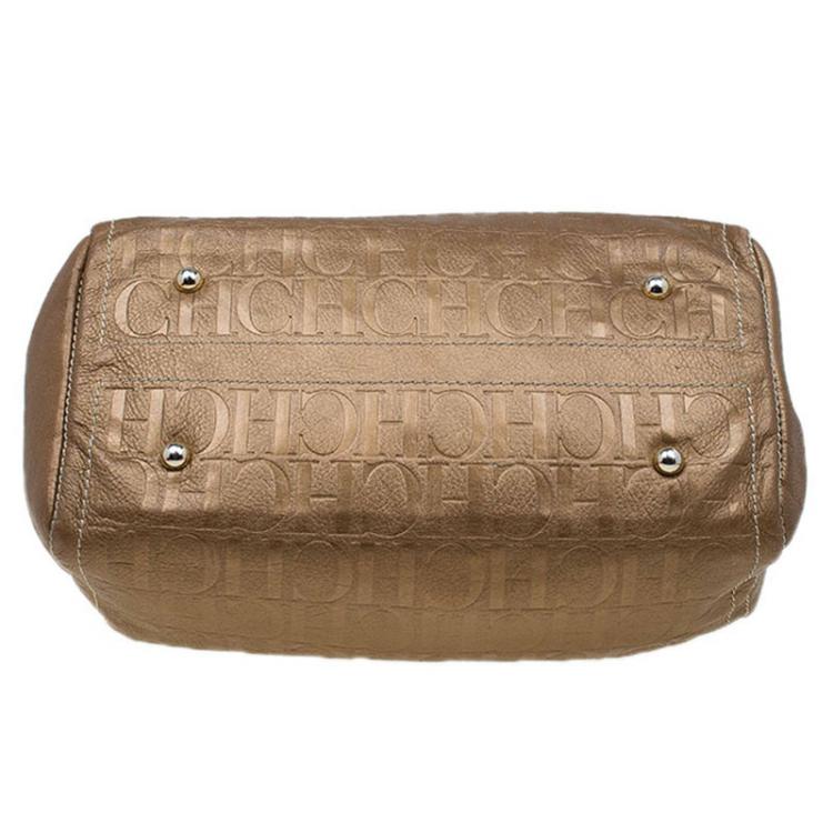 Pre Owned Carolina Herrera Gold Monogram Leather Andy Boston Bag