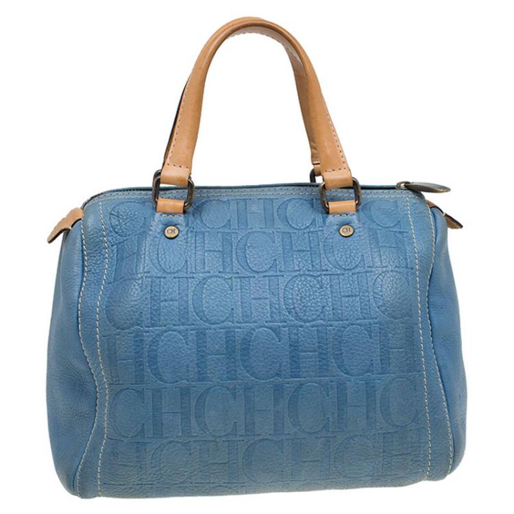 Pre Owned Carolina Herrera Sky Blue Monogram Canvas Andy Boston Bag