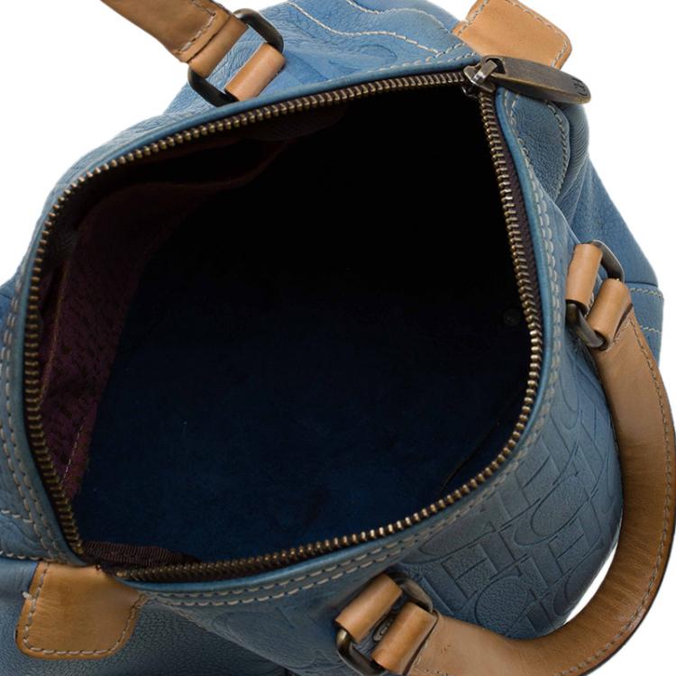 Pre Owned Carolina Herrera Sky Blue Monogram Canvas Andy Boston Bag