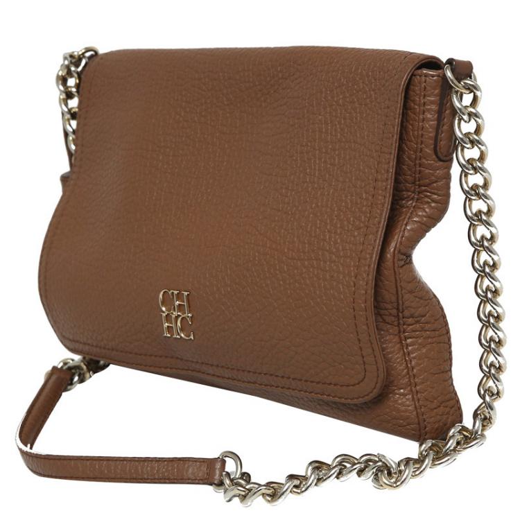 Pre Owned Carolina Herrera Brown Leather Flap Shoulder Bag