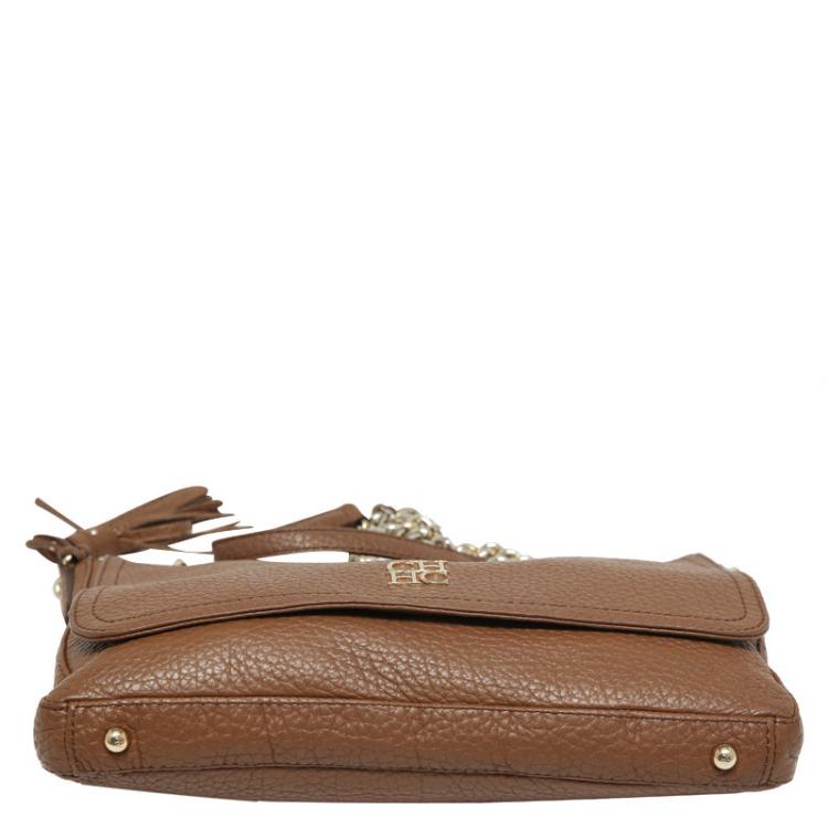 Pre Owned Carolina Herrera Brown Leather Flap Shoulder Bag