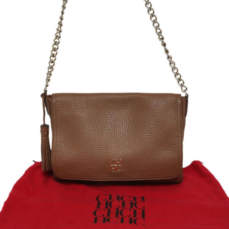 Pre Owned Carolina Herrera Brown Leather Flap Shoulder Bag