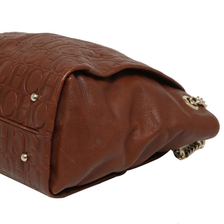 Pre Owned Carolina Herrera Brown Monogram Leather Shoulder Bag