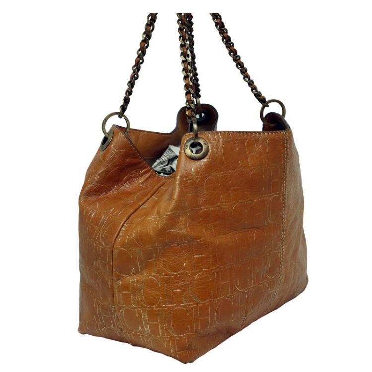 Pre Owned Carolina Herrera Brown Monogram Leather Chain Shoulder Bag