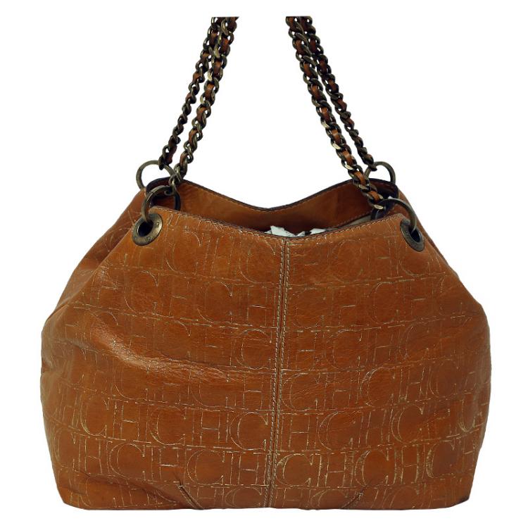 Pre Owned Carolina Herrera Brown Monogram Leather Chain Shoulder Bag