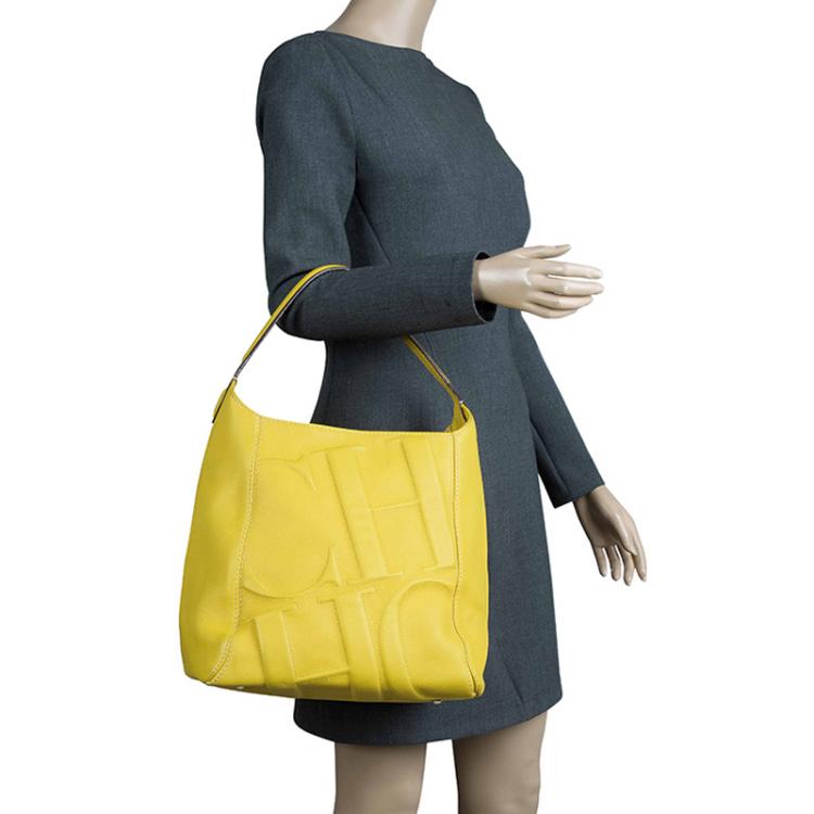 Pre Owned Carolina Herrera Yellow Leather Logo Embossed Hobo