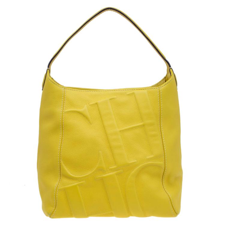 Pre Owned Carolina Herrera Yellow Leather Logo Embossed Hobo