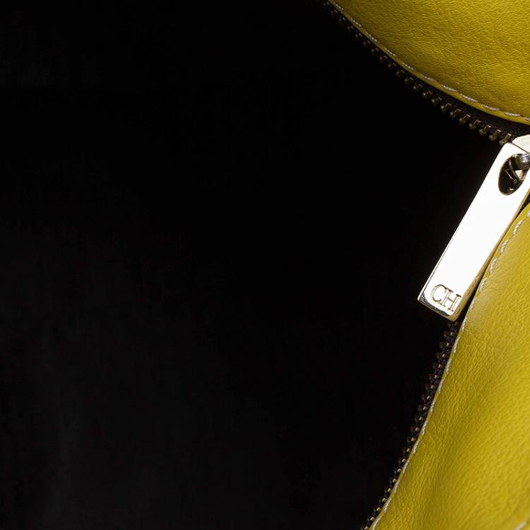 Pre Owned Carolina Herrera Yellow Leather Logo Embossed Hobo