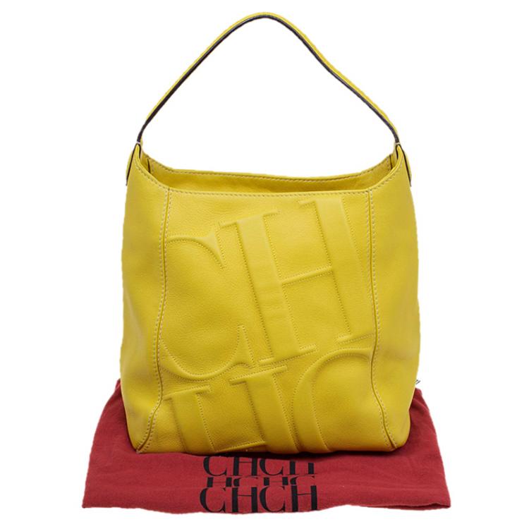 Pre Owned Carolina Herrera Yellow Leather Logo Embossed Hobo