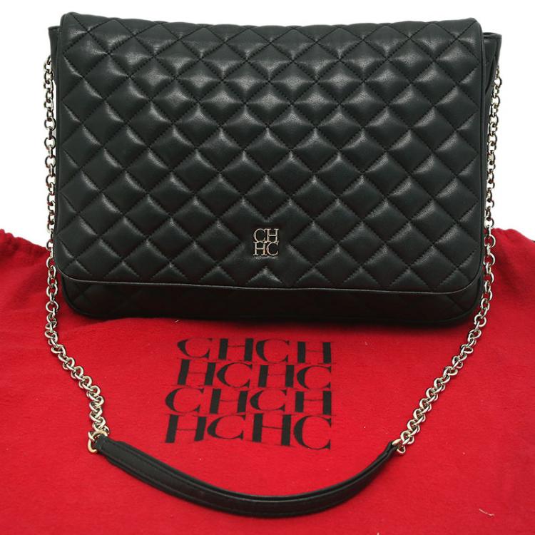 Pre Owned Carolina Herrera Black Quilted Leather Flap Bag