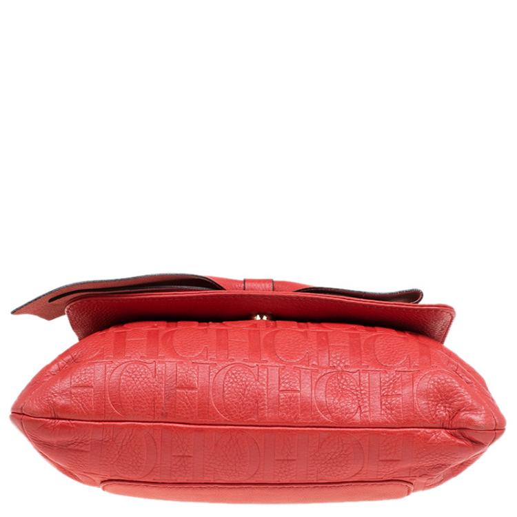 Pre Owned Carolina Herrera Candy Red Monogram Leather Audrey Shoulder Bag