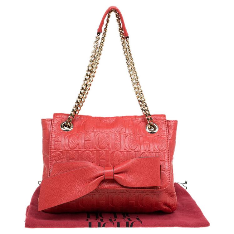 Pre Owned Carolina Herrera Candy Red Monogram Leather Audrey Shoulder Bag