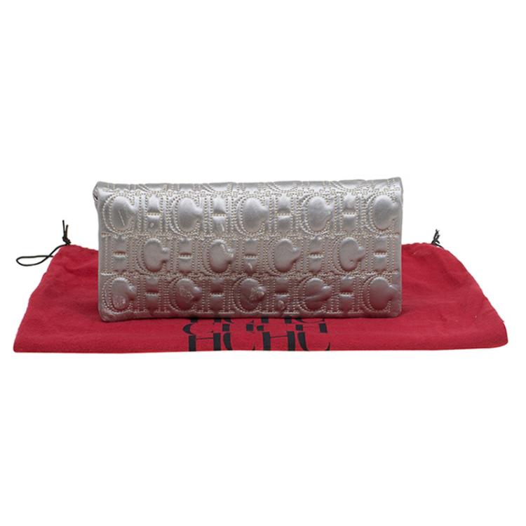 Pre Owned Carolina Herrera Silver Monogram Leather Jerry Clutch
