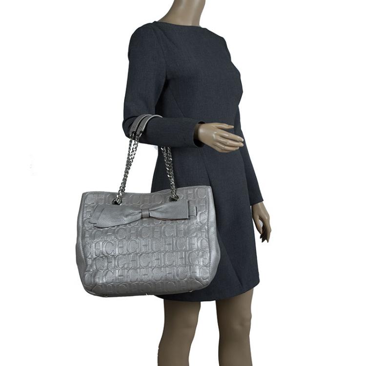 Pre Owned Carolina Herrera Grey Monogram Leather Audrey Tote