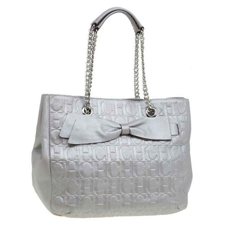 Pre Owned Carolina Herrera Grey Monogram Leather Audrey Tote