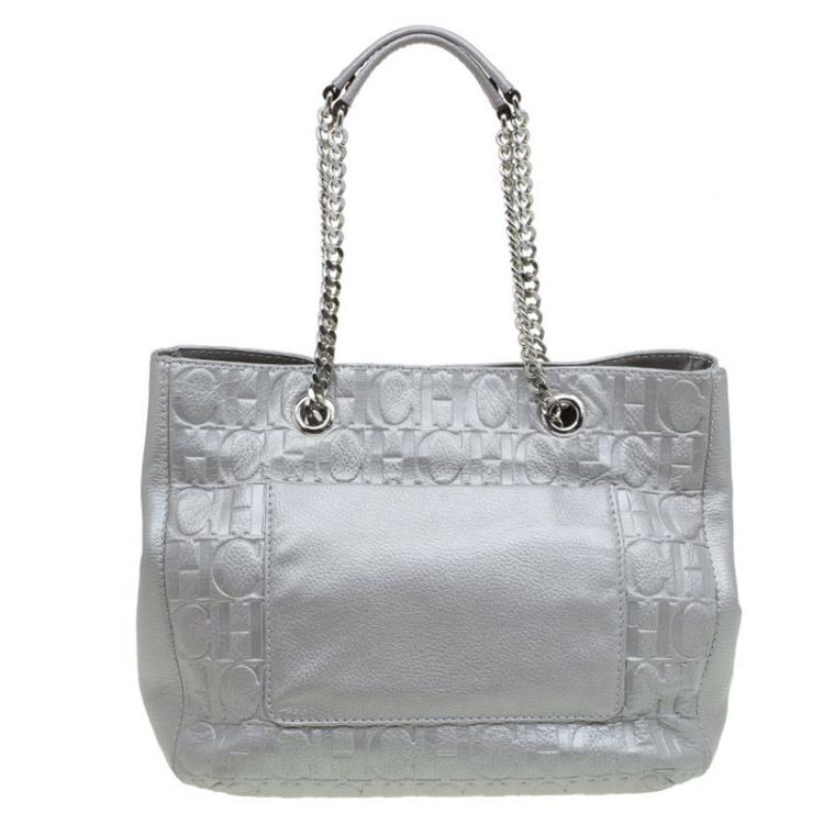 Pre Owned Carolina Herrera Grey Monogram Leather Audrey Tote