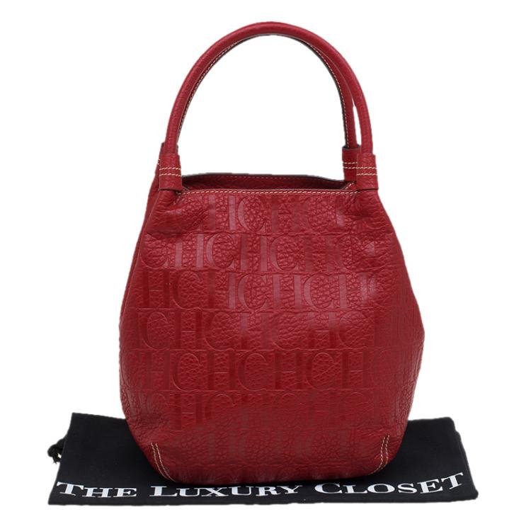 Pre Owned Carolina Herrera Red Monogram Leather Bucket Tote