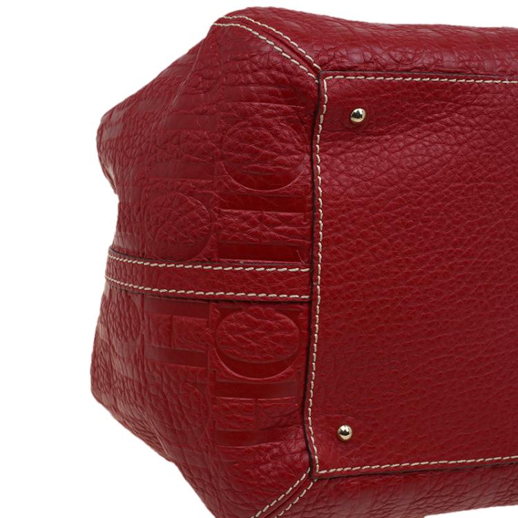 Pre Owned Carolina Herrera Red Monogram Leather Bucket Tote