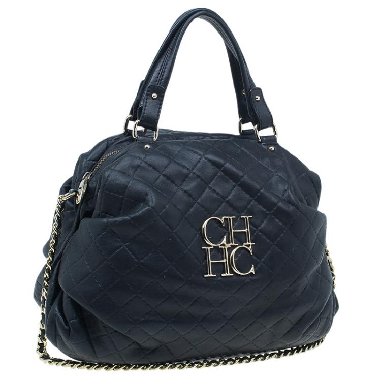 Pre Owned Carolina Herrera Black Leather Quilted Chain Satchel