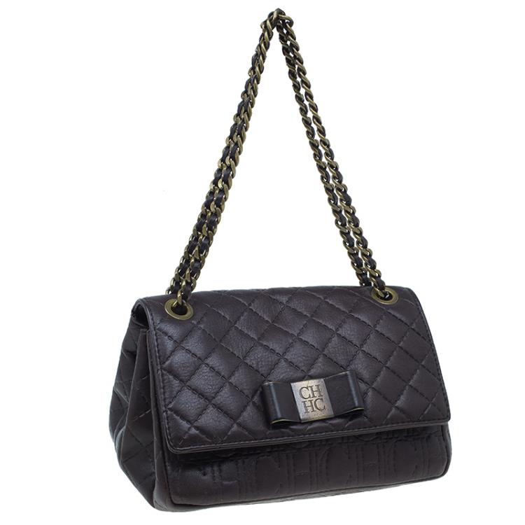 Pre Owned Carolina Herrera Brown Monogram Leather Shoulder Bag