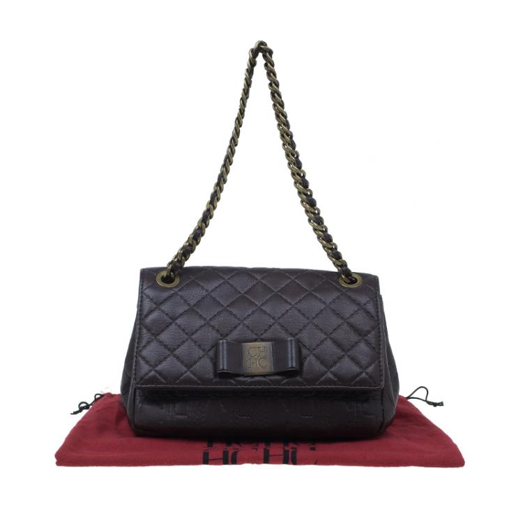 Pre Owned Carolina Herrera Brown Monogram Leather Shoulder Bag