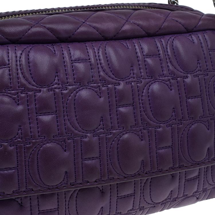 Pre Owned Carolina Herrera Purple Monogram Leather Shoulder Bag