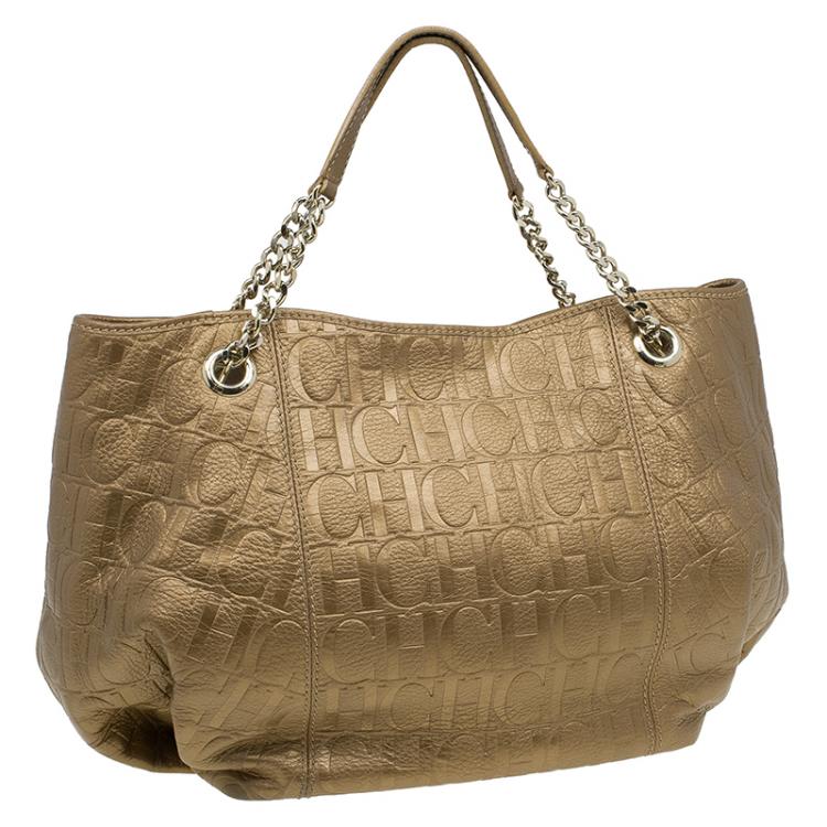 Pre Owned Carolina Herrera Gold Monogram Embossed Leather Dahlia Hobo