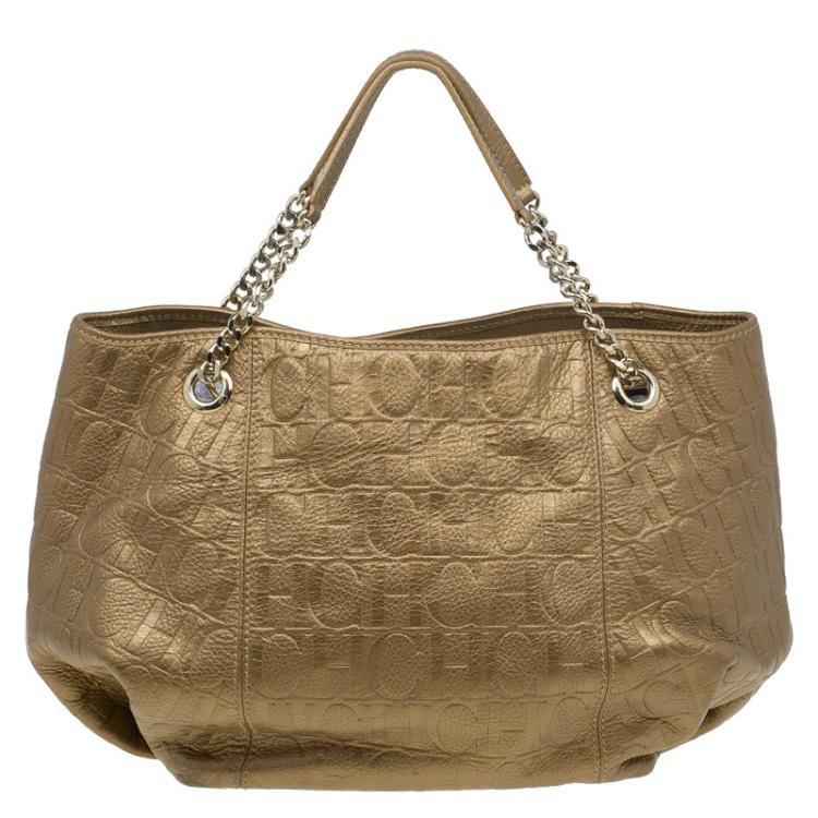 Pre Owned Carolina Herrera Gold Monogram Embossed Leather Dahlia Hobo
