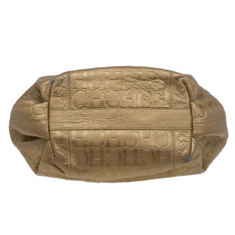 Pre Owned Carolina Herrera Gold Monogram Embossed Leather Dahlia Hobo