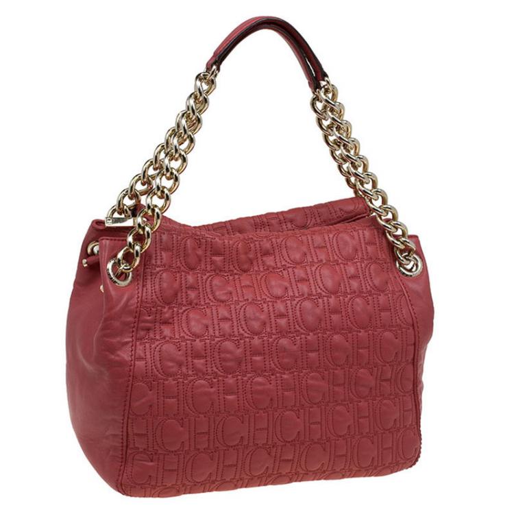 Pre Owned Carolina Herrera Red Monogram Leather Tote