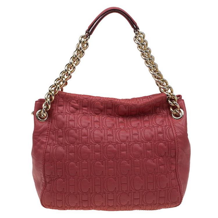 Pre Owned Carolina Herrera Red Monogram Leather Tote