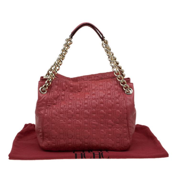 Pre Owned Carolina Herrera Red Monogram Leather Tote