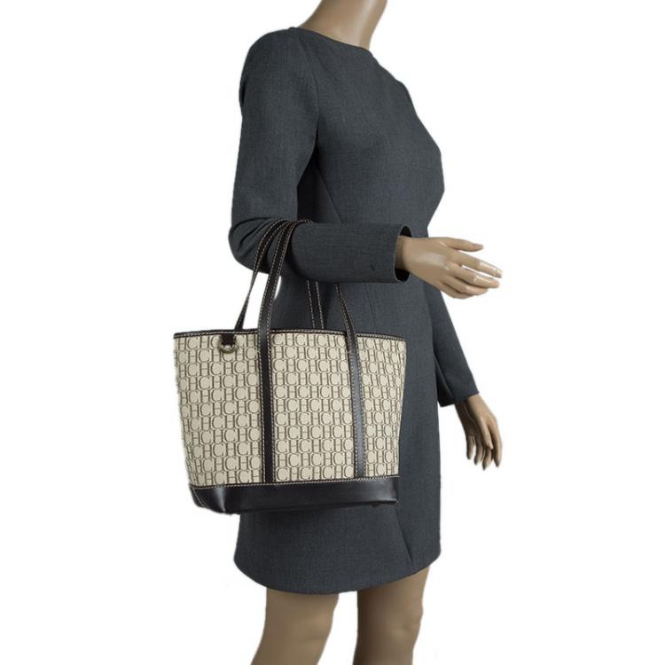 Pre Owned Carolina Herrera Beige/Brown Monogram Canvas Shopper Tote