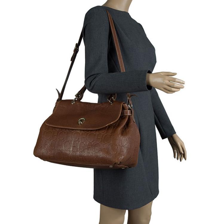 Pre Owned Carolina Herrera Brown Monogram Leather Top Handle Bag