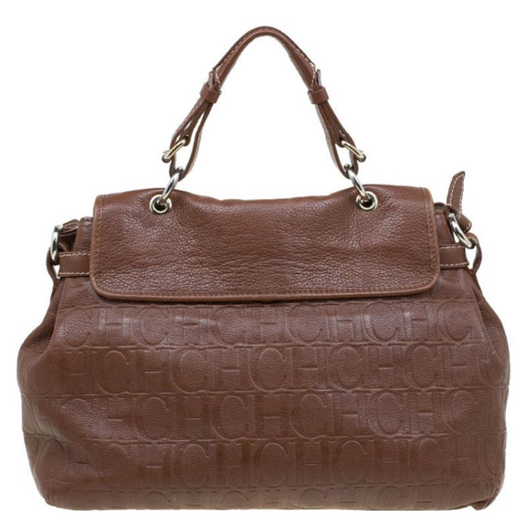 Pre Owned Carolina Herrera Brown Monogram Leather Top Handle Bag