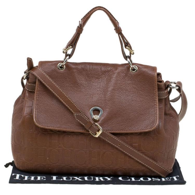 Pre Owned Carolina Herrera Brown Monogram Leather Top Handle Bag