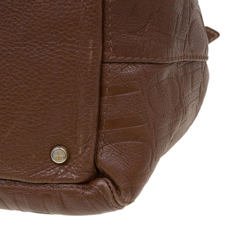 Pre Owned Carolina Herrera Brown Monogram Leather Top Handle Bag