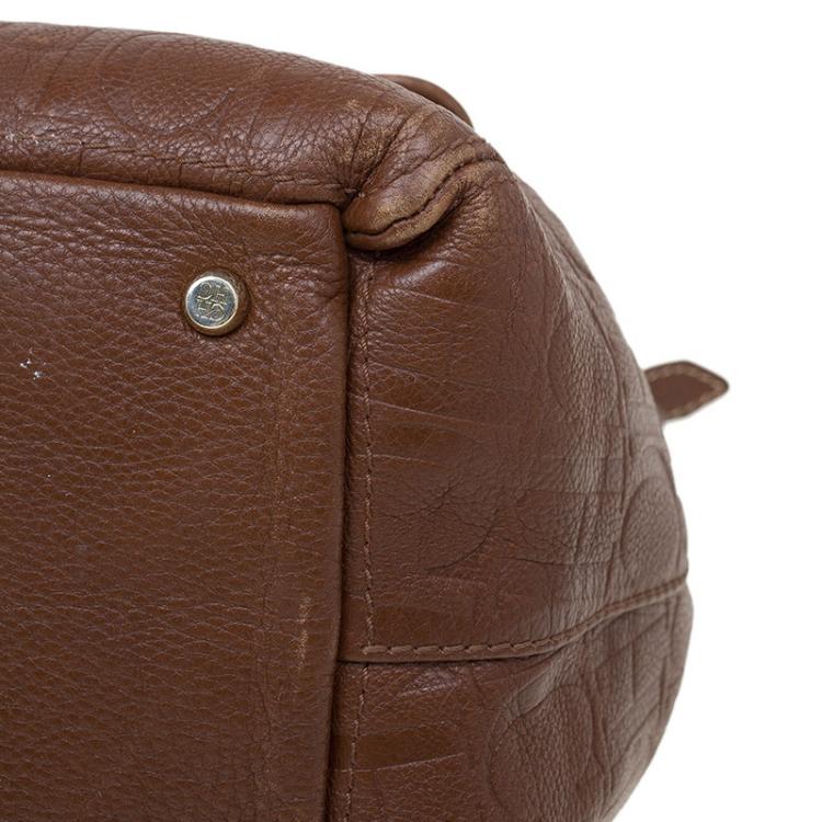 Pre Owned Carolina Herrera Brown Monogram Leather Top Handle Bag
