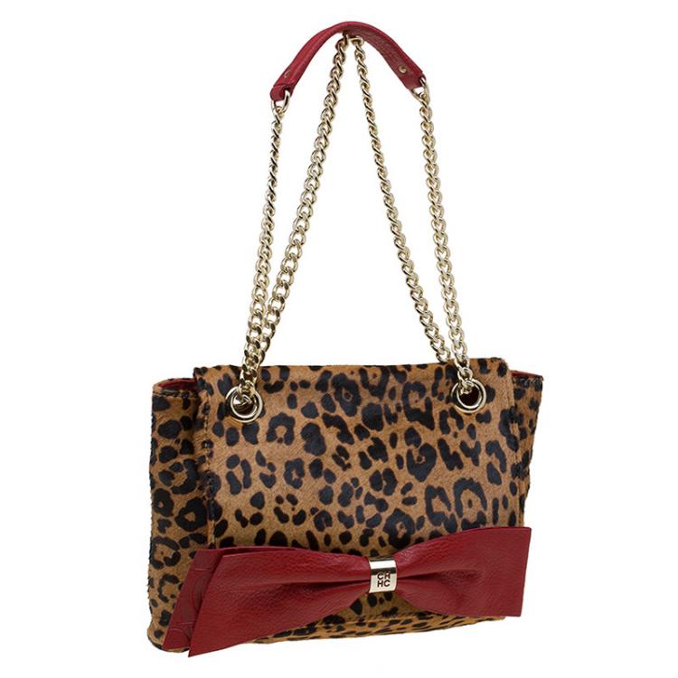 Pre Owned Carolina Herrera Brown Leopard Print Calf Hair Audrey Shoulder Bag