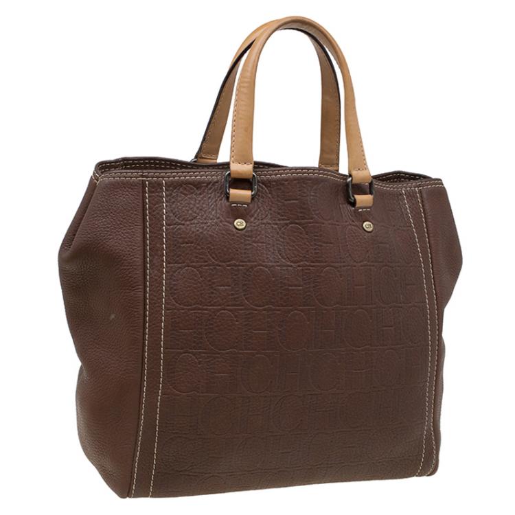 Pre Owned Carolina Herrera Brown Monogram Leather Andy Tote