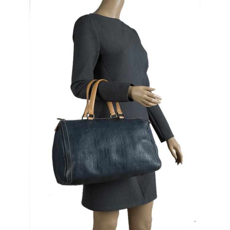 Pre Owned Carolina Herrera Navy Blue Monogram Leather Large Andy Boston Bag