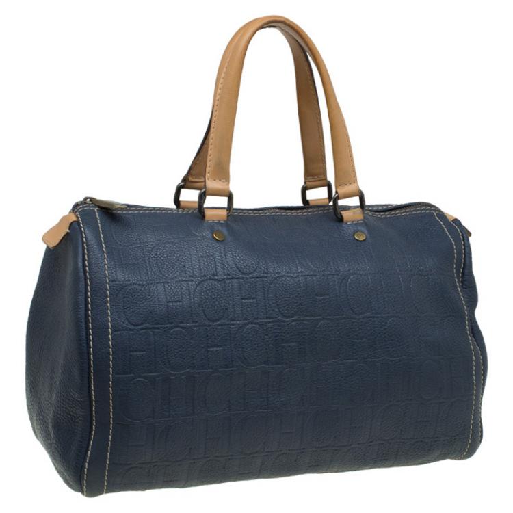 Pre Owned Carolina Herrera Navy Blue Monogram Leather Large Andy Boston Bag