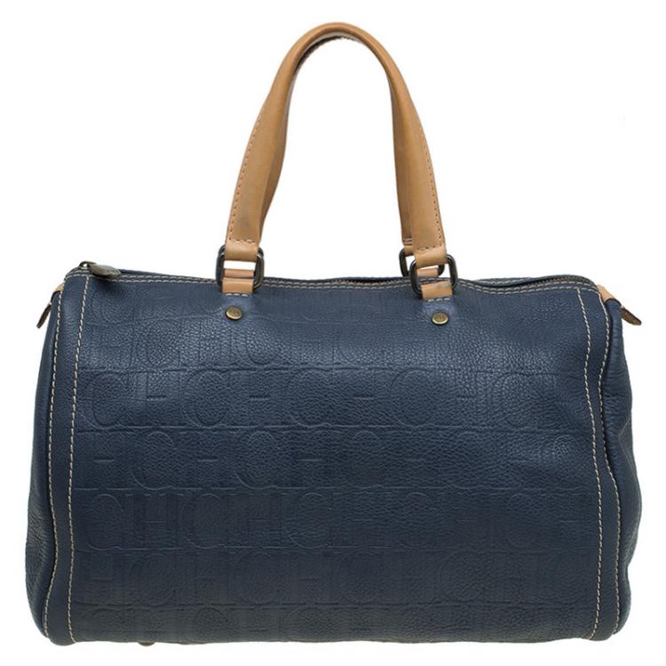 Pre Owned Carolina Herrera Navy Blue Monogram Leather Large Andy Boston Bag