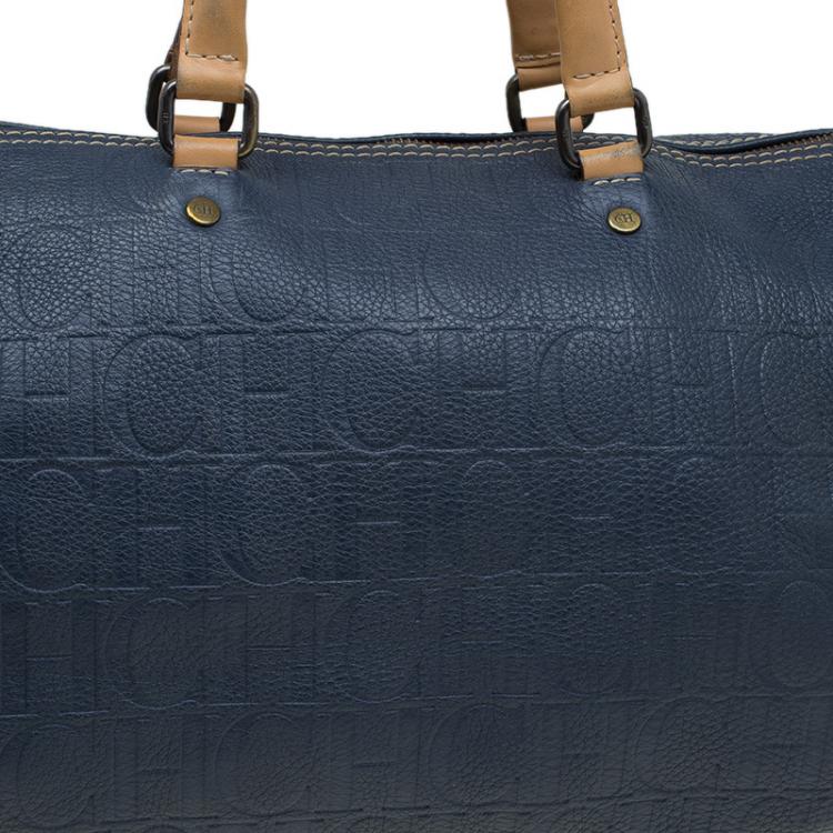 Pre Owned Carolina Herrera Navy Blue Monogram Leather Large Andy Boston Bag