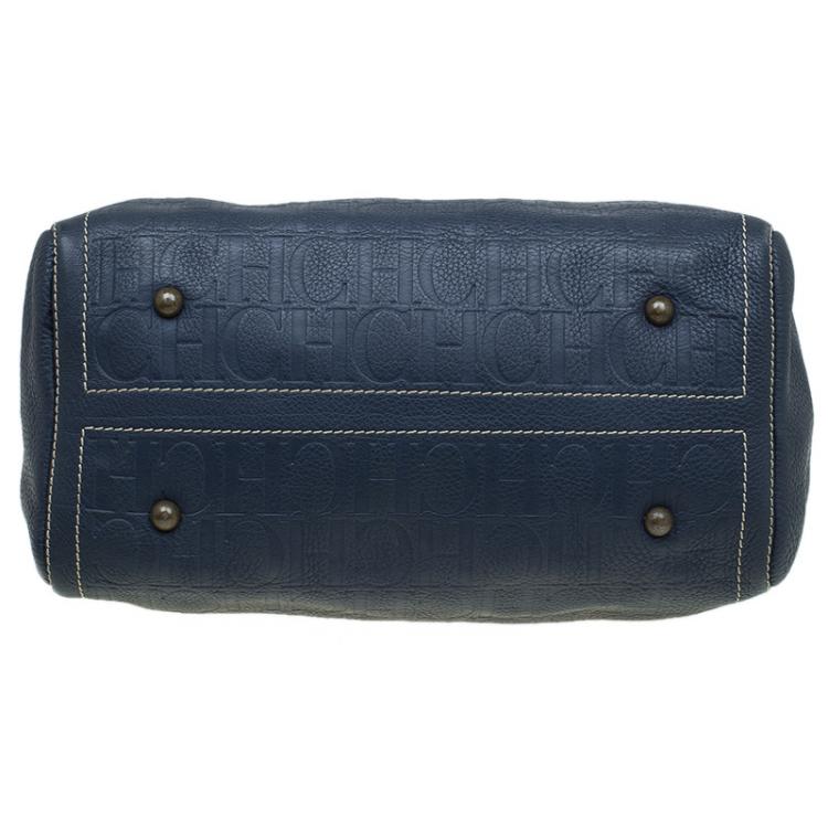 Pre Owned Carolina Herrera Navy Blue Monogram Leather Large Andy Boston Bag